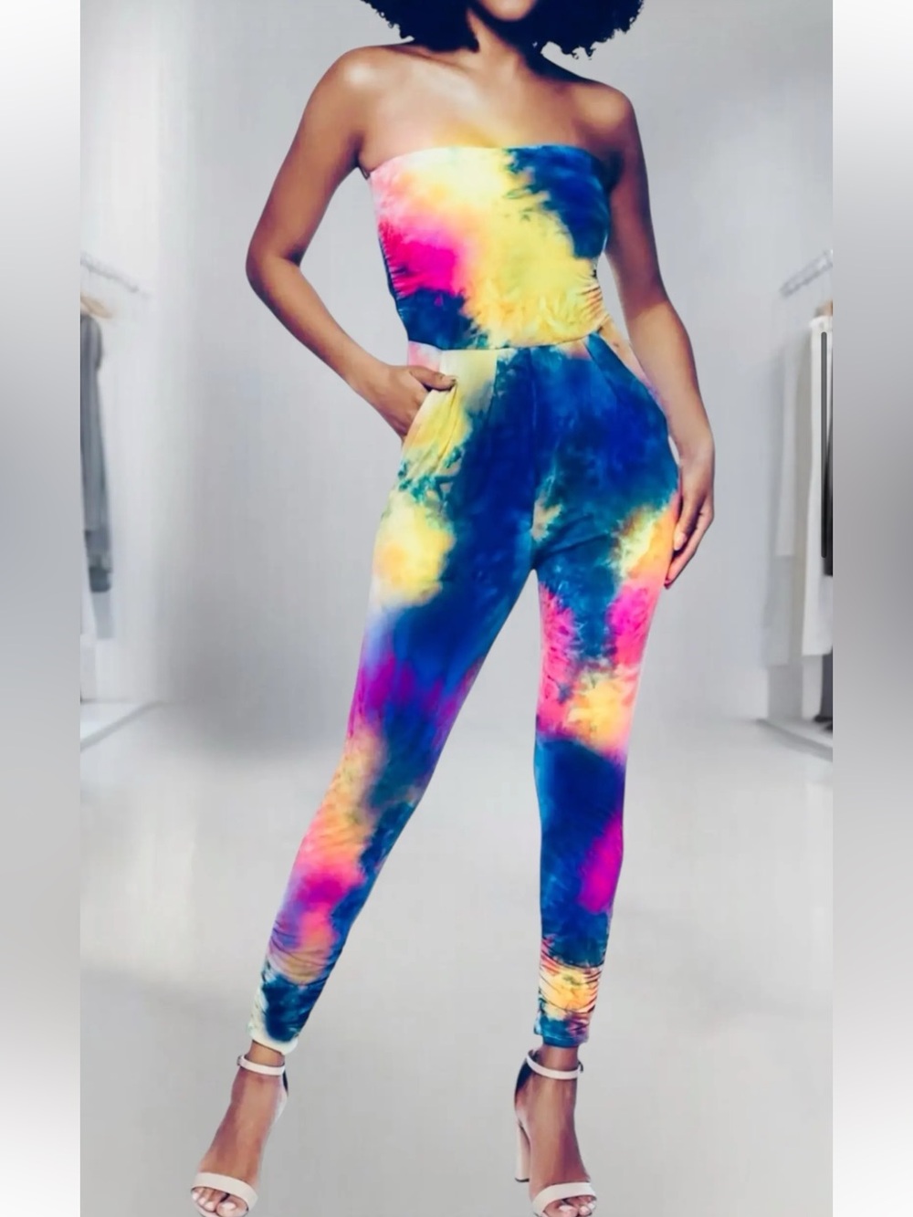 Absolutely ❤️ it!  Multicolor Rainbow Tie-Dye Strapless Jumpsuit Pockets Size 2X
